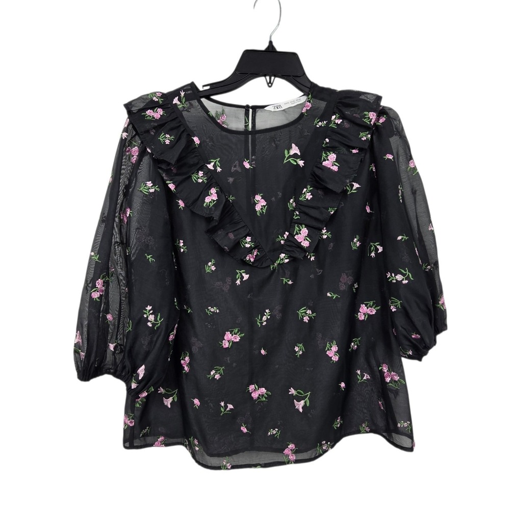 ZARA The Alice Blouse Floral Sheer Organza Womens XL Black Embroidered Ruffled